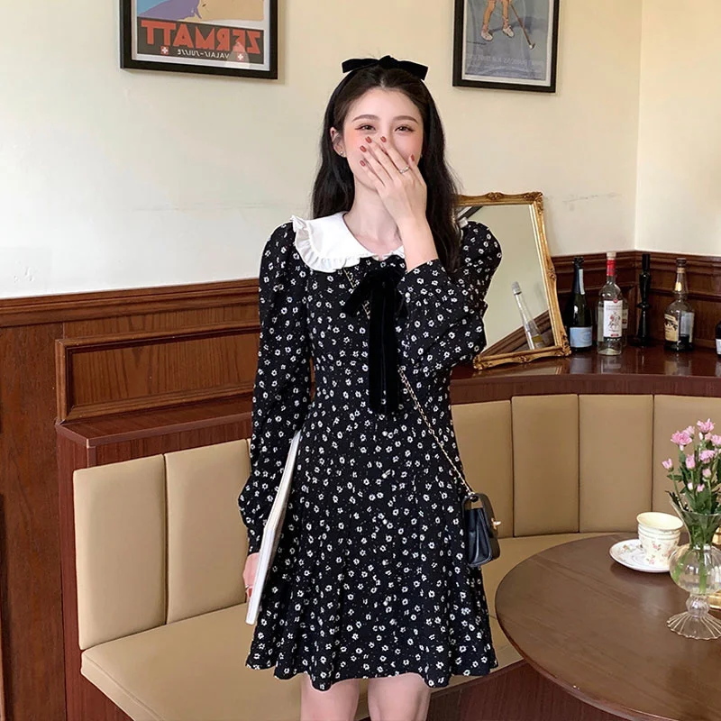 

Весенне-осеннее женское темпераментное милое соленое черное маленькое цветочное Кукольное воротник Ретро французское платье