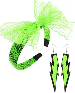 Женские аксессуары для костюма 80-х годов, Кружевная повязка на голову с бантом, неоновые серьги для вечевечерние в стиле поп 80-х