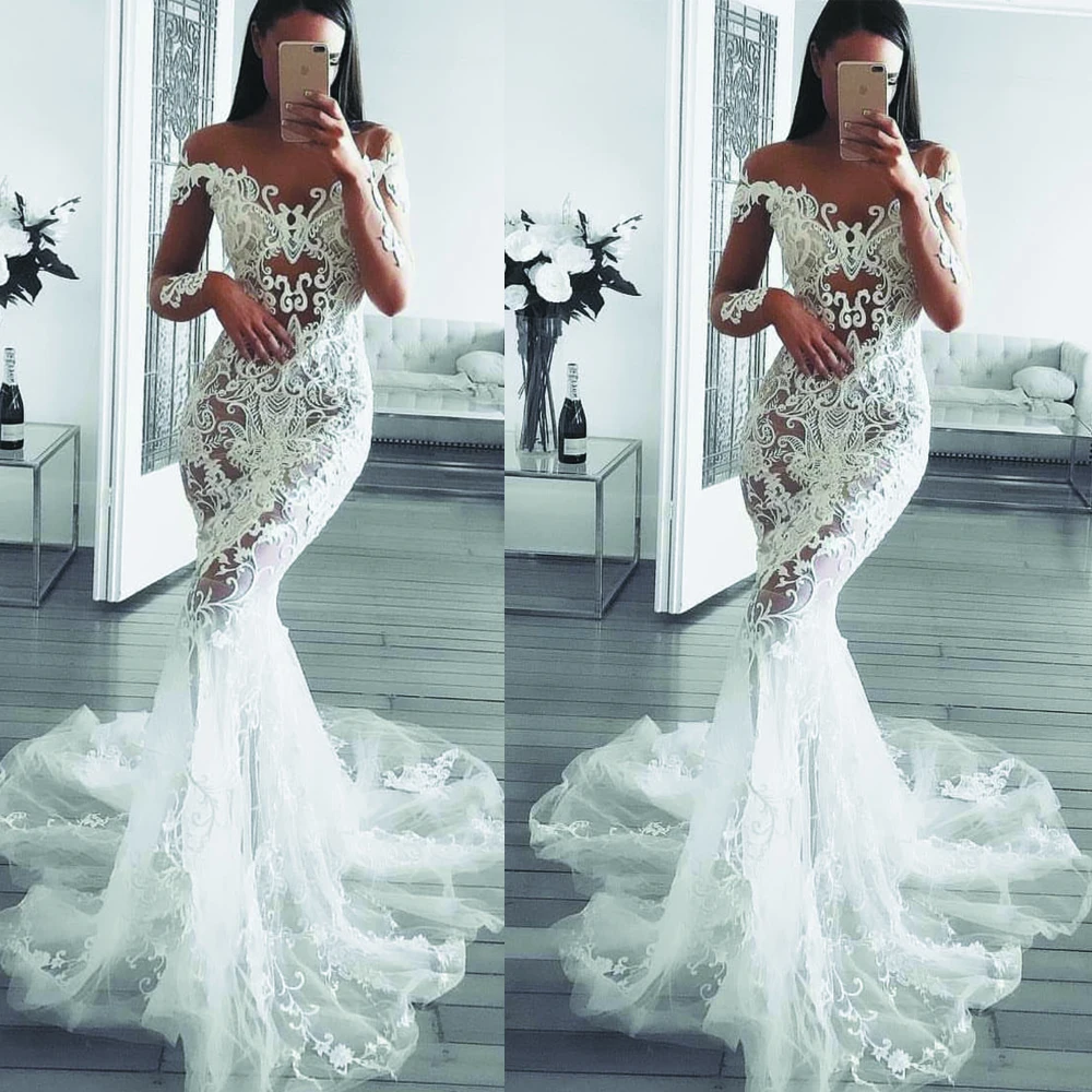 SuperKimJo Свадебные платья русалки с длинными рукавами Vestido De Noiva Sereia белое свадебное платье с кружевной аппликацией Свадебные платья