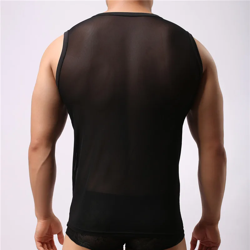 Sexy Mens Undershirts Mesh Transparent T-Shirt Singlets Fitness Sleeveless Tops Tee Sleepwear Underwear Camiseta Shirts