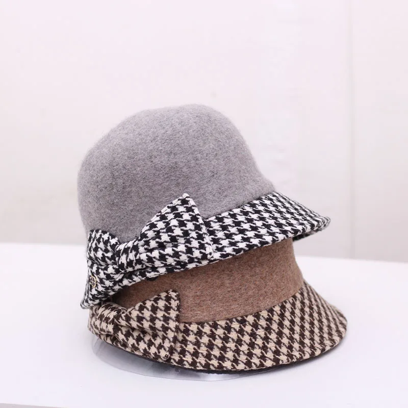 New Warm Arrive Autumn Winter Fashion Wool Thickness Elegance Woman Bow Patchwork Hound Tooth Pattern Fedoras Panama Bucket Hat |