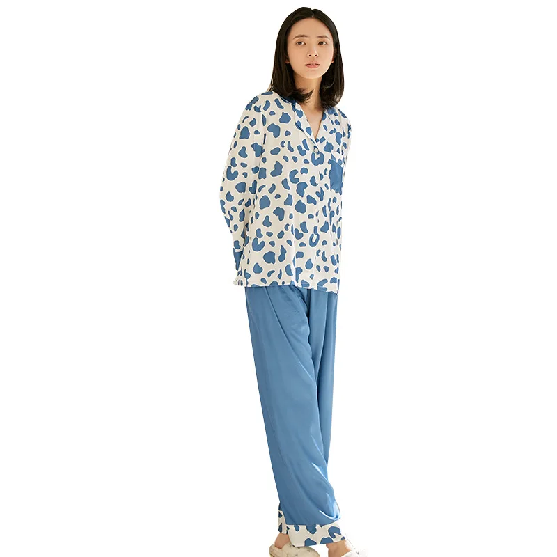 

Women Print Home Clothing Intimate Lingerie Cute Blue 2021 New Pajamas Suit Nightwear With Pocket Long Sleev Pyjamas Homewear
