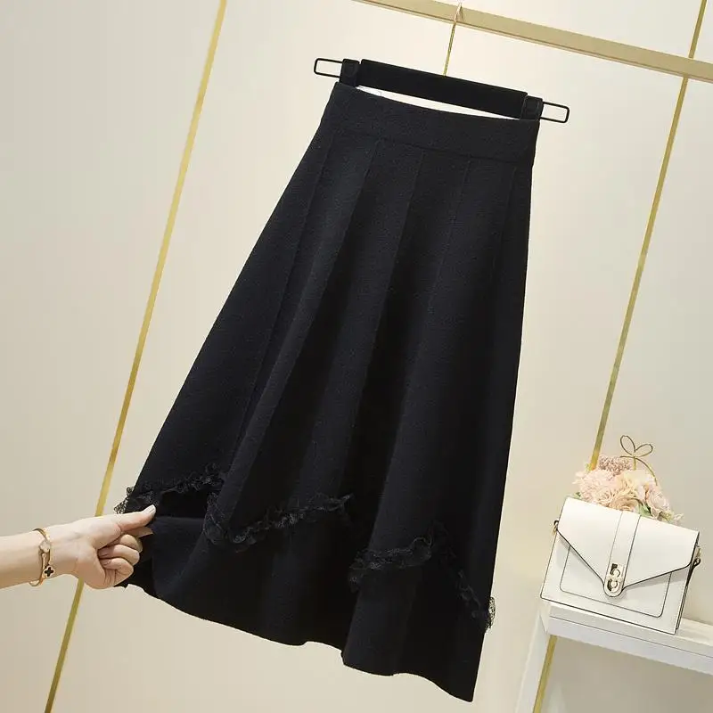 

Women 2021 Autumn Winter Warm Thick Knitted Skirts Female Elastic High Waist Faldas Ladies Solid A-Line Loose Pleated Skirt Q255