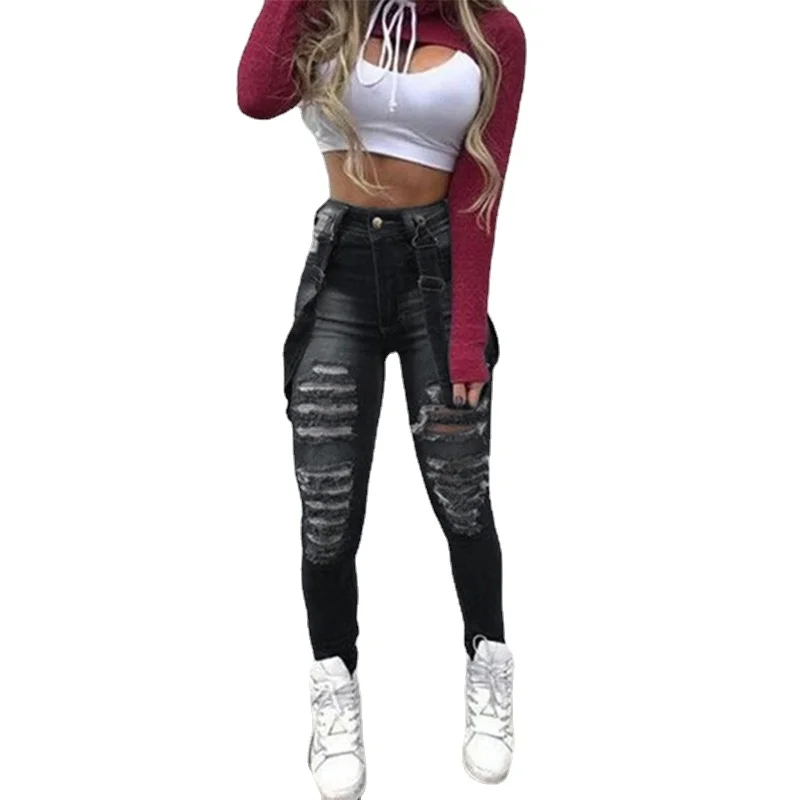 

Women's Denim Bib OVeralls High Waist Ripped Hole Pencil Pants Ladies Casual Jeans Jumpsuits and Rompers