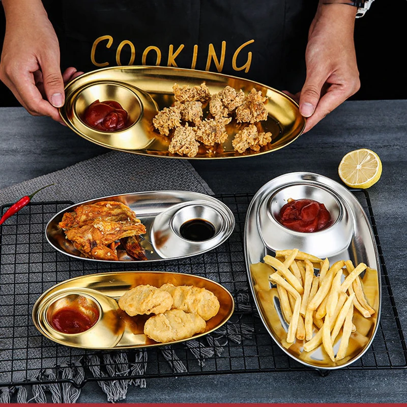 

Grid Plate 304 Stainless Steel Snack Plate Divided Grid Plate Oval Plate With Sauce Plate Western Fries Fried Chicken Plate