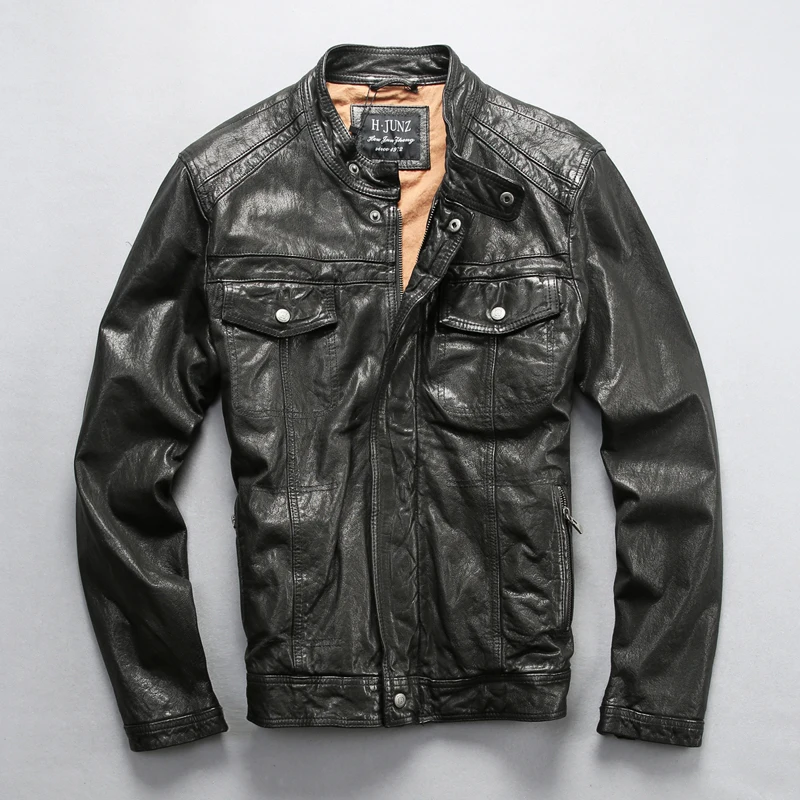 

fashion genuine men vegetable tanned sheepskin casual jacket stand collar slim fit short men's real leather coat