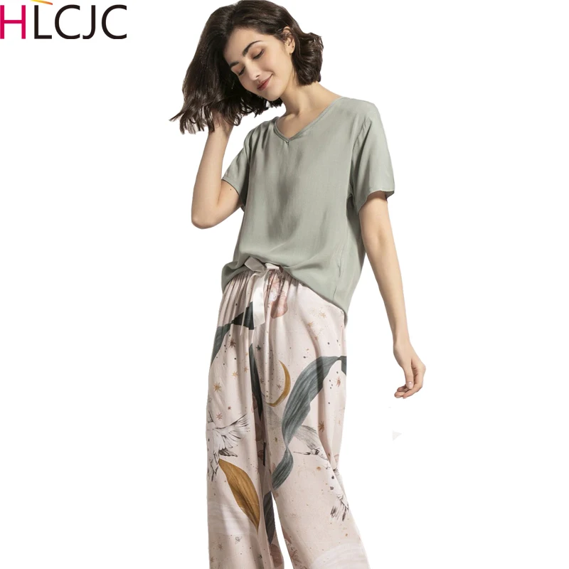 Женский пижамный комплект с коротким рукавом летняя Хлопковая пижама принтом и V