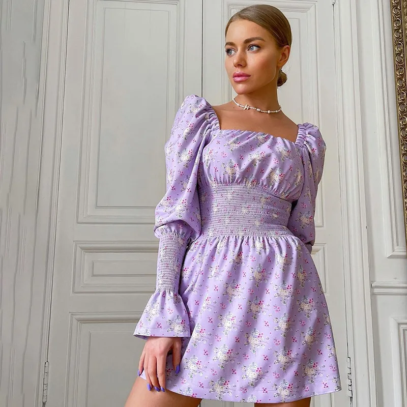 

New Purple Floral Pattern fresh European and American style women's bubble sleeve dress temperament square collar skirt y2k