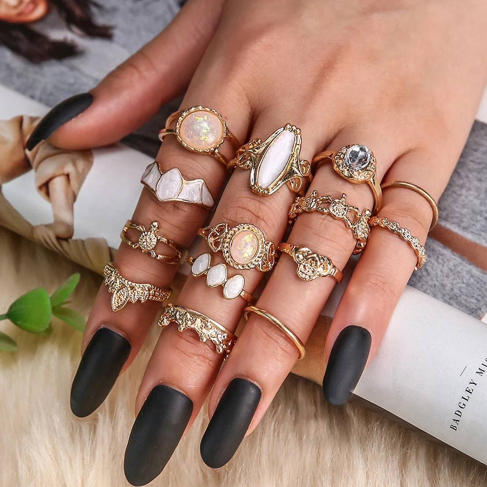 

14 Pcs/Set Kpop Crown Turtle Women Rings With White Yellow Opal Stone Bohemia Crystal Joint Knuckle Ring Set Oval Gift Jewelry