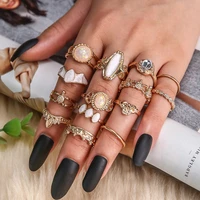 14 pcsset kpop crown turtle women rings with white yellow opal stone bohemia crystal joint knuckle ring set oval gift jewelry