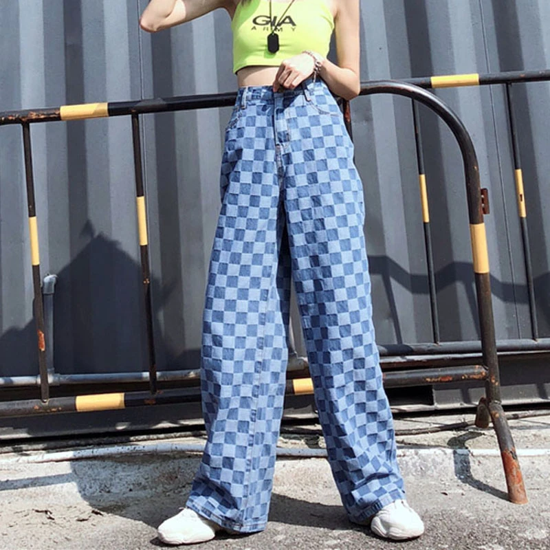 Женские широкие брюки в клетку свободные большого размера с высокой талией и