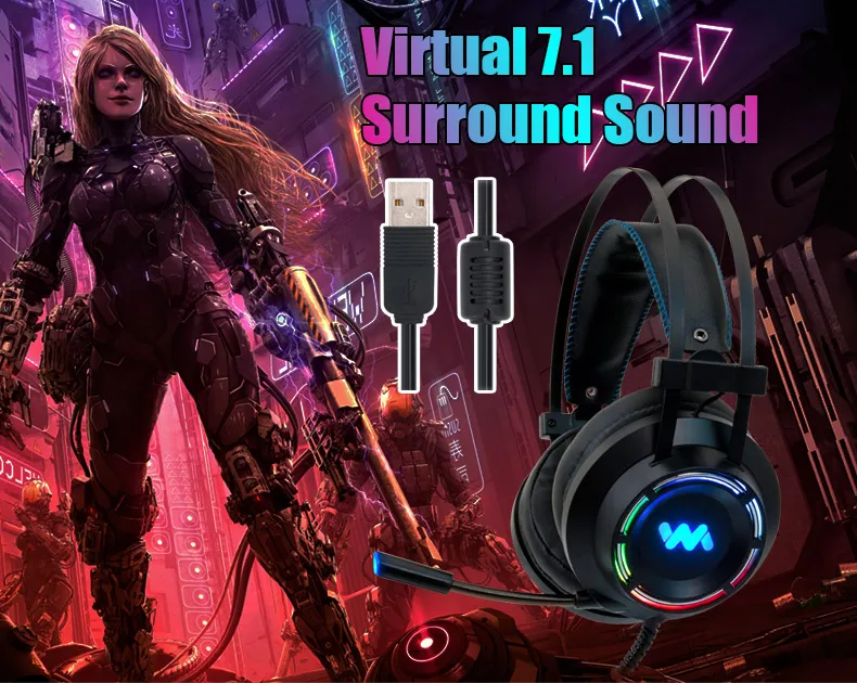 Игровая гарнитура Cosbary с микрофоном, проводные USB наушники 7,1 с объемным звуком для игр, для ПК, геймера, компьютера, ноутбука, Xbox