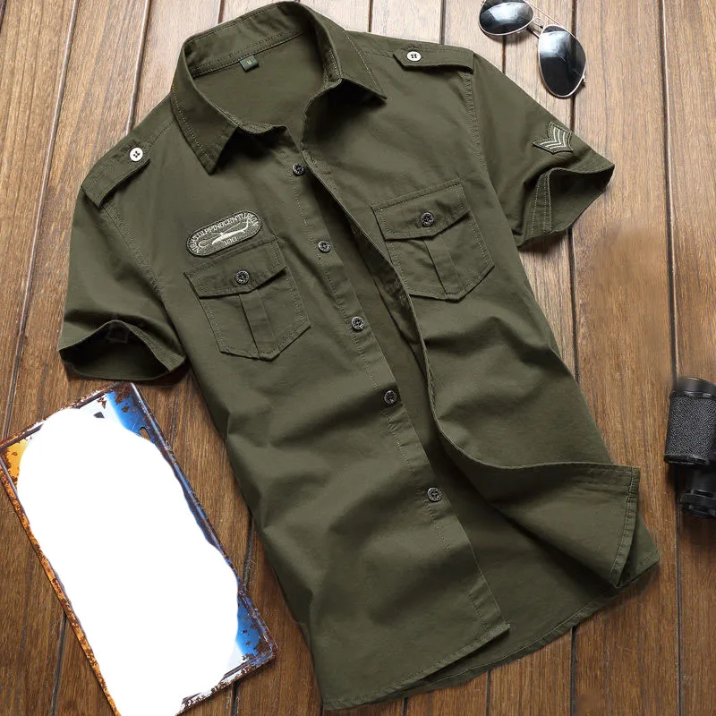 Мужская рубашка в стиле милитари Idopy повседневная приталенная с карманом и