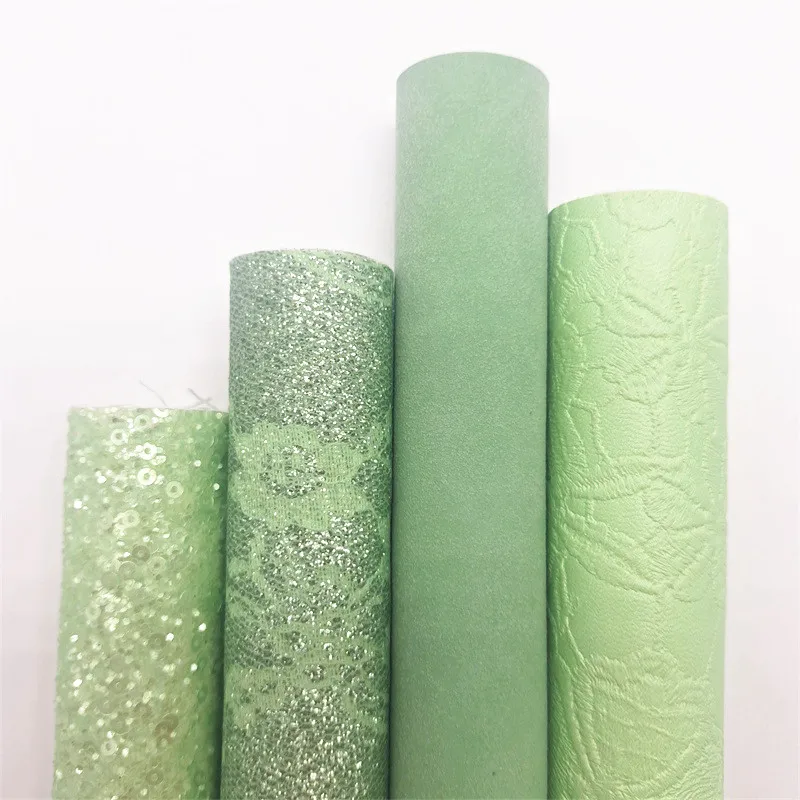 4PCS/SET Green Sequins Glitter Vinyl Fabric Matching with Lace glitter Flowers Faux Leather For Bows Earrings DIY 21X29CM Q060