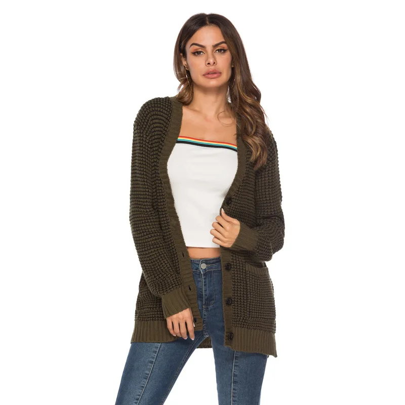 Осень-зима 2019 повседневный вязаный лоскутный кардиган с v-образным вырезом 4