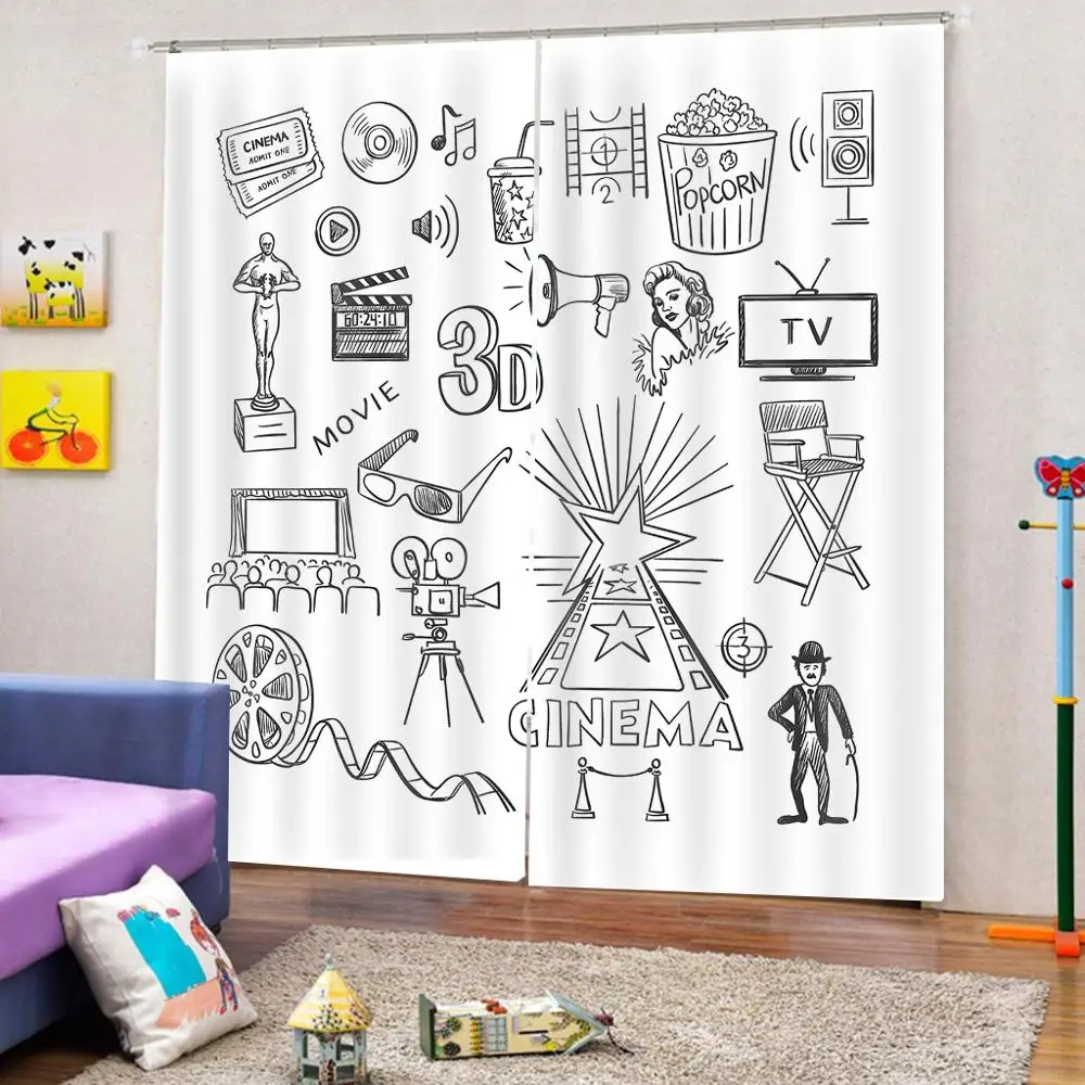 Sketch Drawing 3D Film Reels Clapperboard Tickets Popcorn and Megaphone TV Painting Window Curtain For Living Room Bedroom | Дом и сад