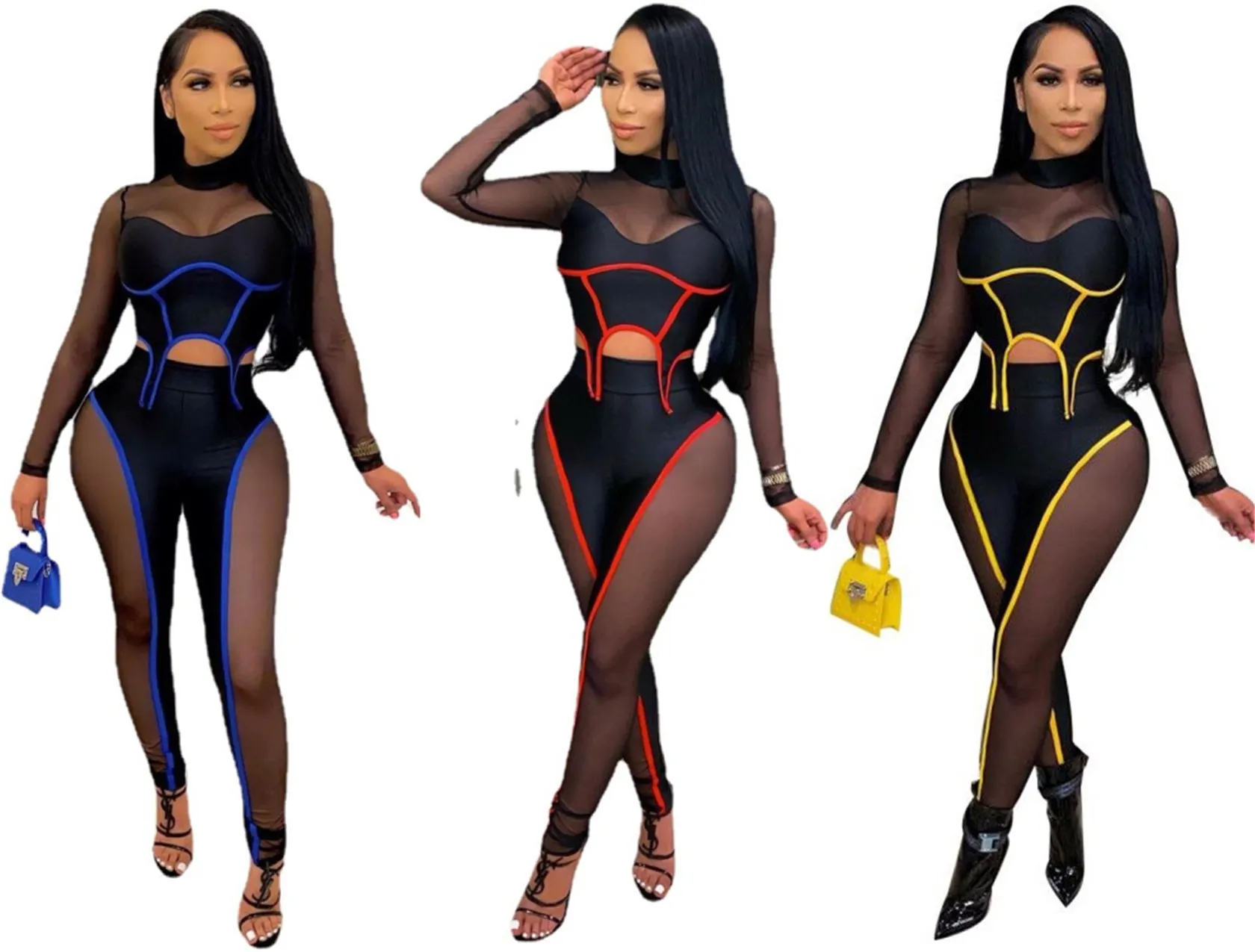 

Women Summer Bright Line Decoration Sexy Sleeveless Bodycon Mesh Stitching Sexy Casual 2 Piece Sets