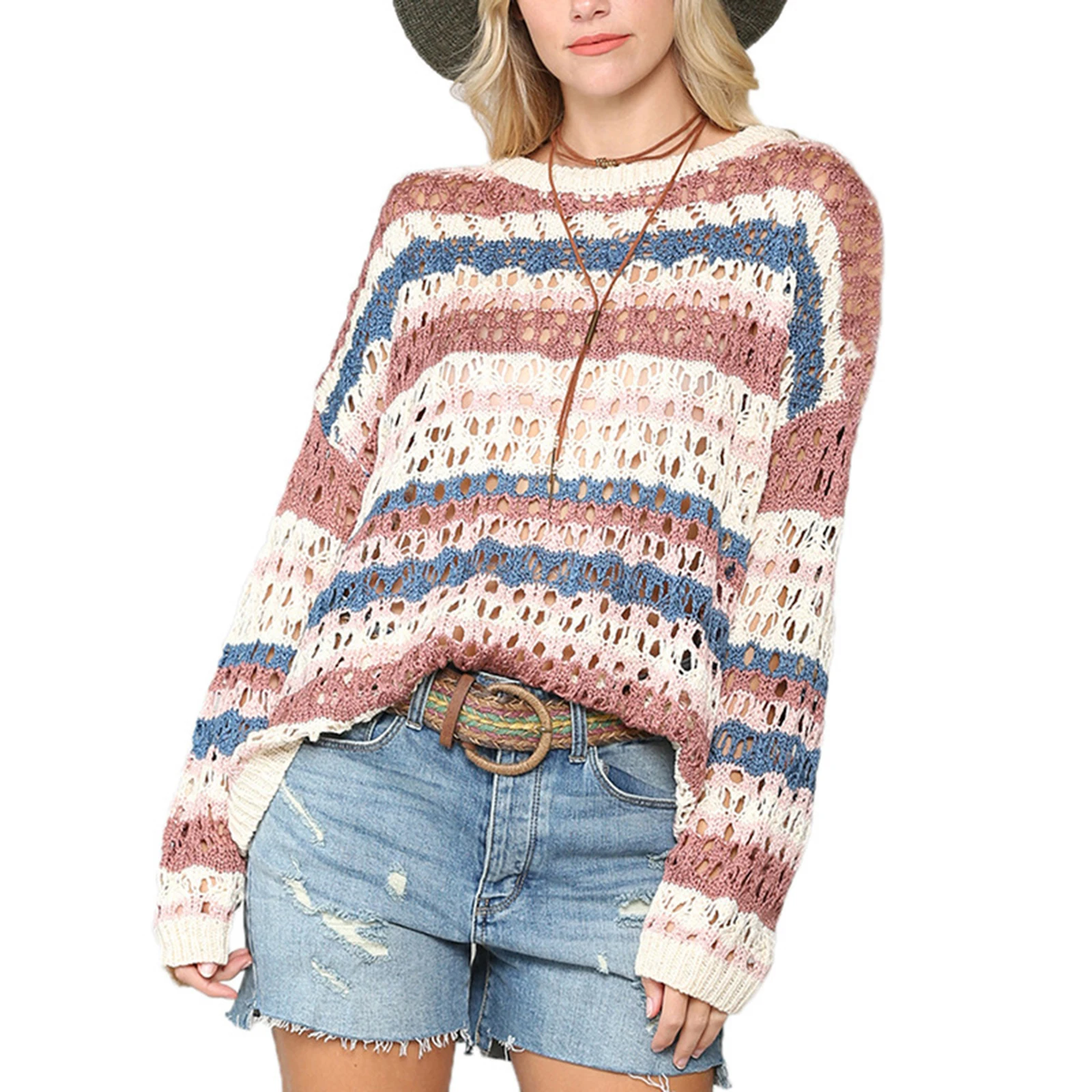 

Женский ажурный вязаный свитер, повседневный Свободный пуловер контрастных цветов в полоску с длинным рукавом и круглым вырезом, Осенние д...