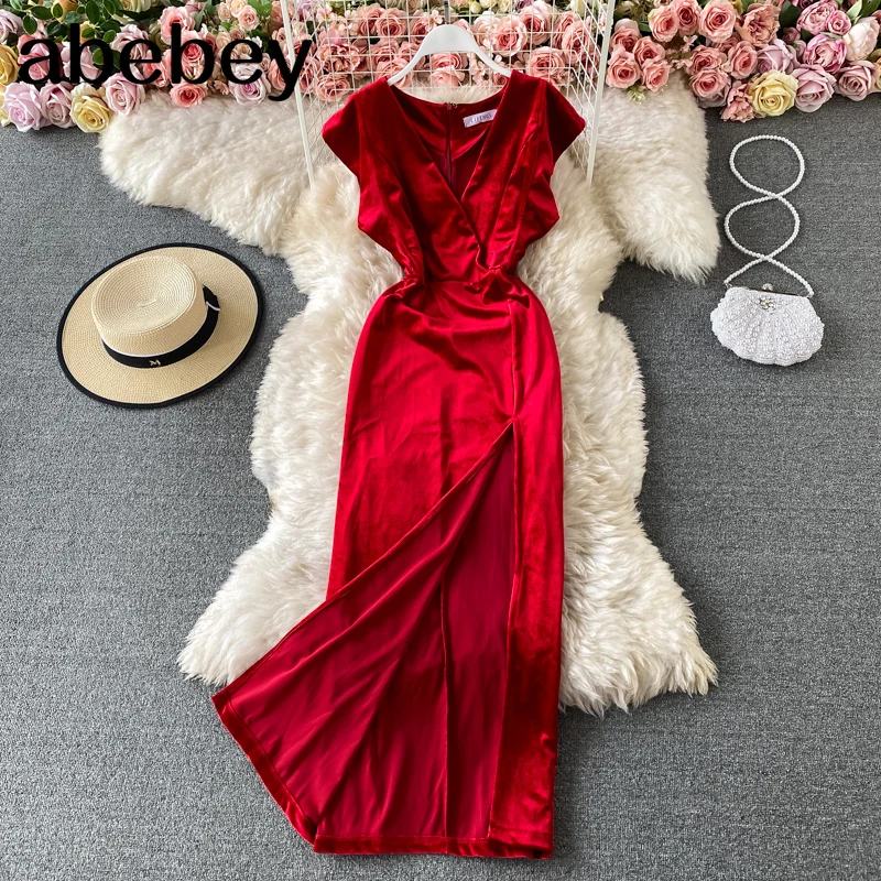

2021 V Neck Short Sleeve Mid-Length Dress solid Sexy Dresses For Women High split red Club Wear Vestidos