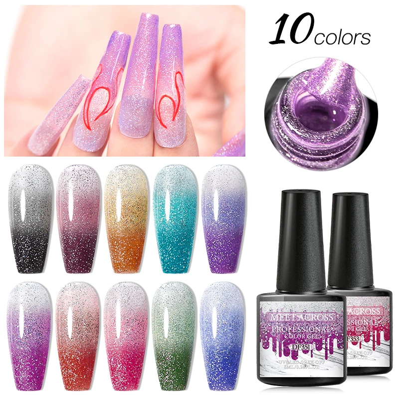 

MEET ACROSS Thermal Gel Nail Polish 8ml Glitter Gel Varnish Soak Off UV Gel Polish Temperature Color-changing Gel Nail Art Gel