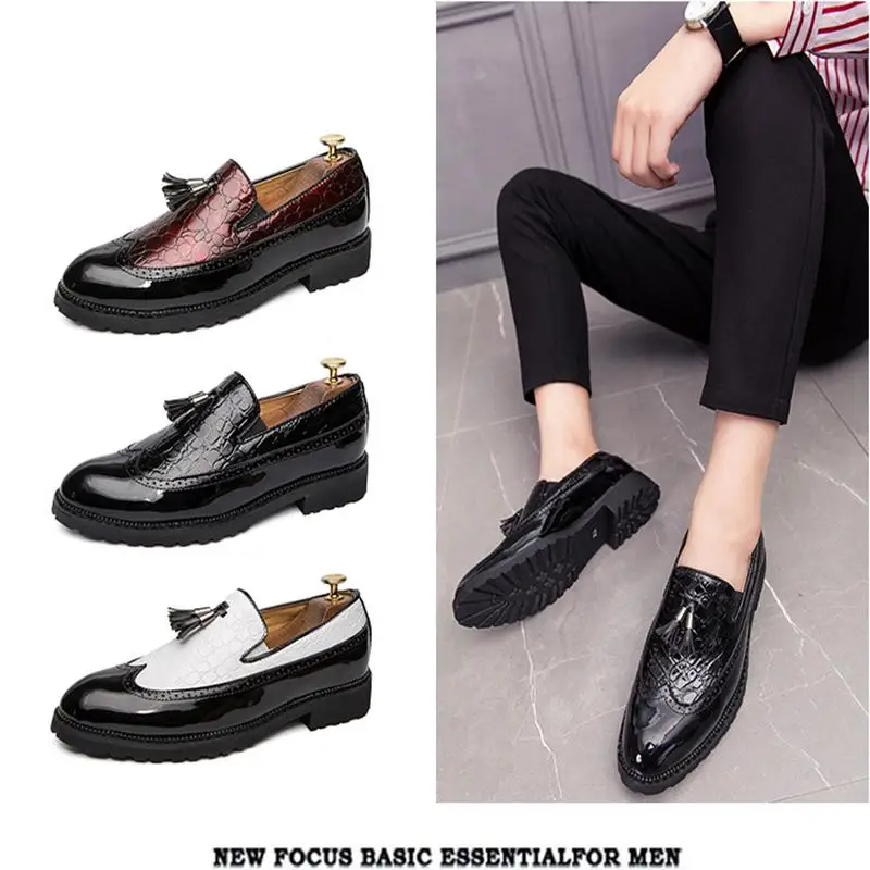 New Arrivals Fashion Men's Dress Pu Leather Tassel Pointed Toe Low Heel Vintage Stylish Loafers for Men Zapatos De Hombre XM470