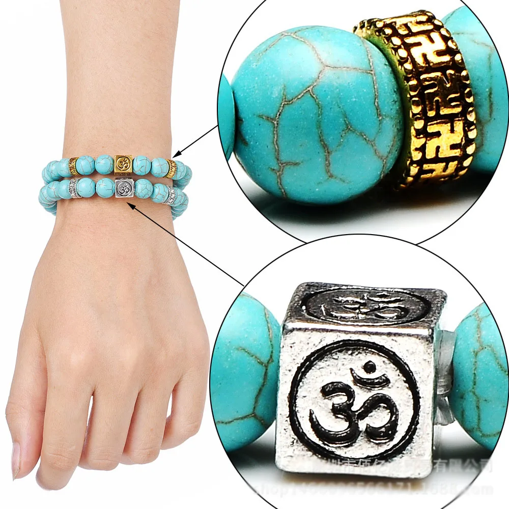 Голубые бусины Будды 8 мм браслет из бисера квадратного сплава с гравировкой