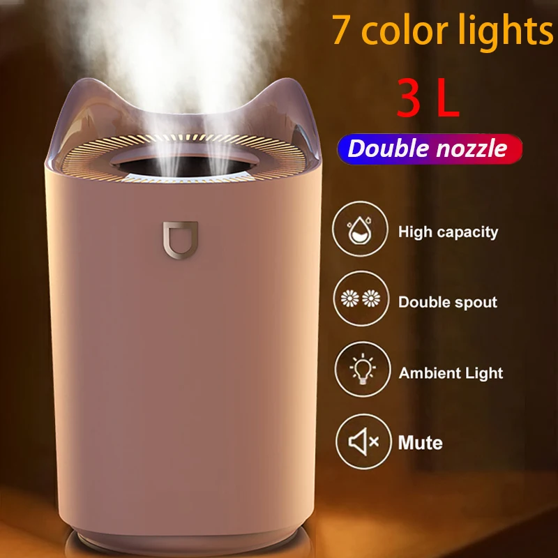 

2021 Home Air Humidifier 3L Double Nozzle Cool Mist Aroma Diffuser With Coloful LED Light Heavy Fog Ultrasonic USB Humidificador