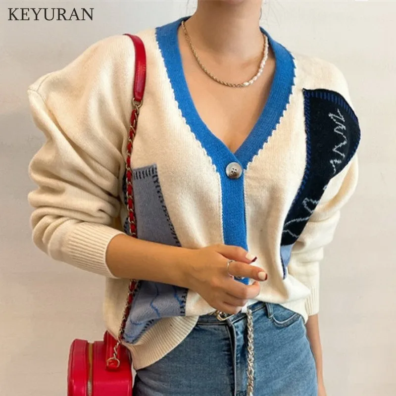 

Woman Sweater Coat Korean Hit Color Causal Loose Knitted Cardigans 2021 Autumn New Long Sleeve V-neck Knitwear Outwear