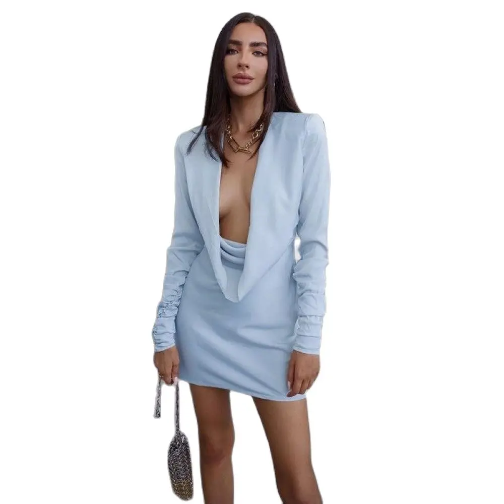 

2022 autumn winter new women's short sexy dark V solid color long sleeve Hip Wrap Dress