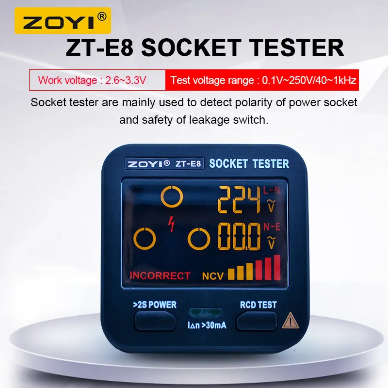 

ZOYI Digital Socket Tester ZT-E8 Smart LCD Socket checker Voltage NCV Test Detector US UK EU AU Plug Ground Zero Line RCD Check