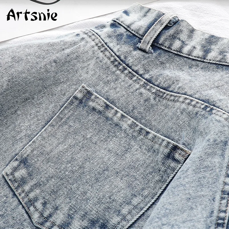 

Artsnie blue vintage casual denim shorts women summer high waist pockets jeans zipper streetwear loose flare shorts mujer