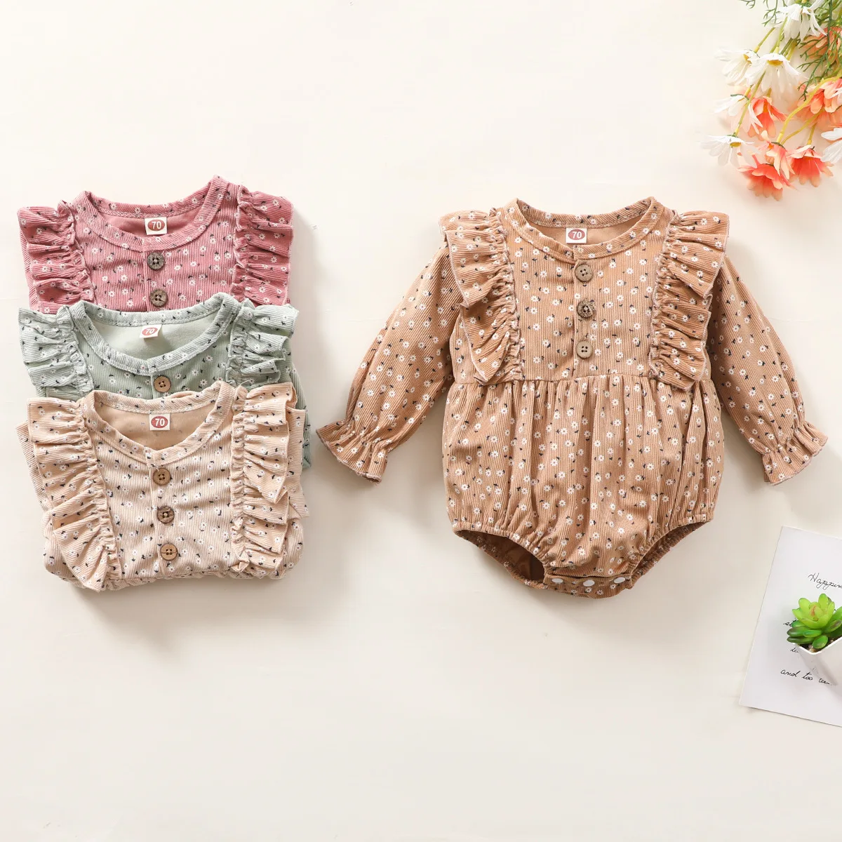 

Girls Clothing Floral Print Corduroy O-neck Long Sleeve Jumpsuit Infant Baby Spring And Autumn Single Breasted Romper bebe fille
