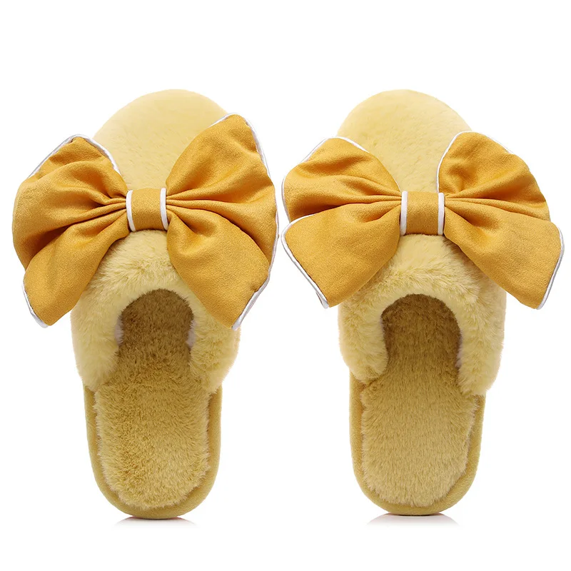 

Женские плюшевые тапочки с бантом, мягкие Нескользящие хлопковые тапочки для улицы и дома, hy424, Осень-зима