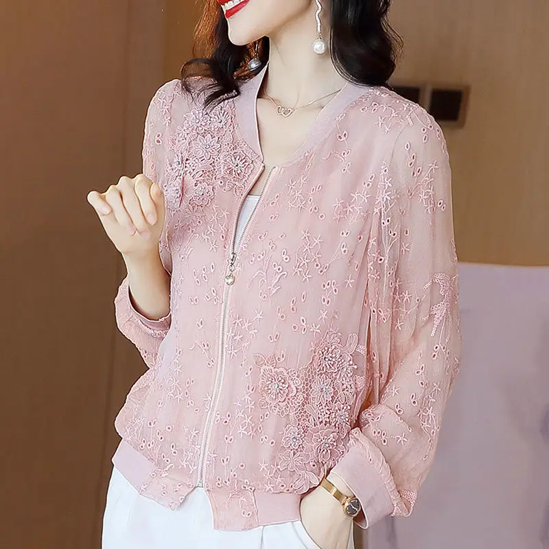 

2021 Women Spring Summer Vintage Solid Jacket Lady Embroidery O-neck Zipper Long Sleeve Jacket Female Casual Baseball Jakcet L94