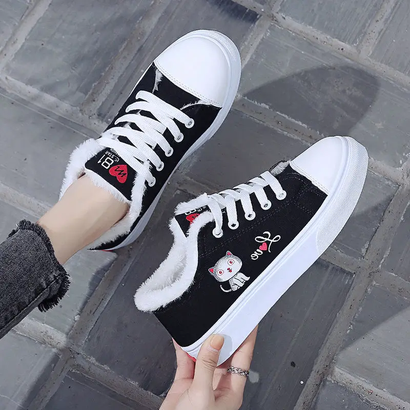 

2020 New Canvas Women Winter Lace-Up Cotton Shoes Plush Warm Snow Boots Ladies Casual Flat Short Furry Females Footwear NVX334