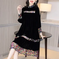 zuoman 2020 elegant vintage floral black velvet midi dresses autumn winter patchwork 4xl plus size dresses women bodycon party v