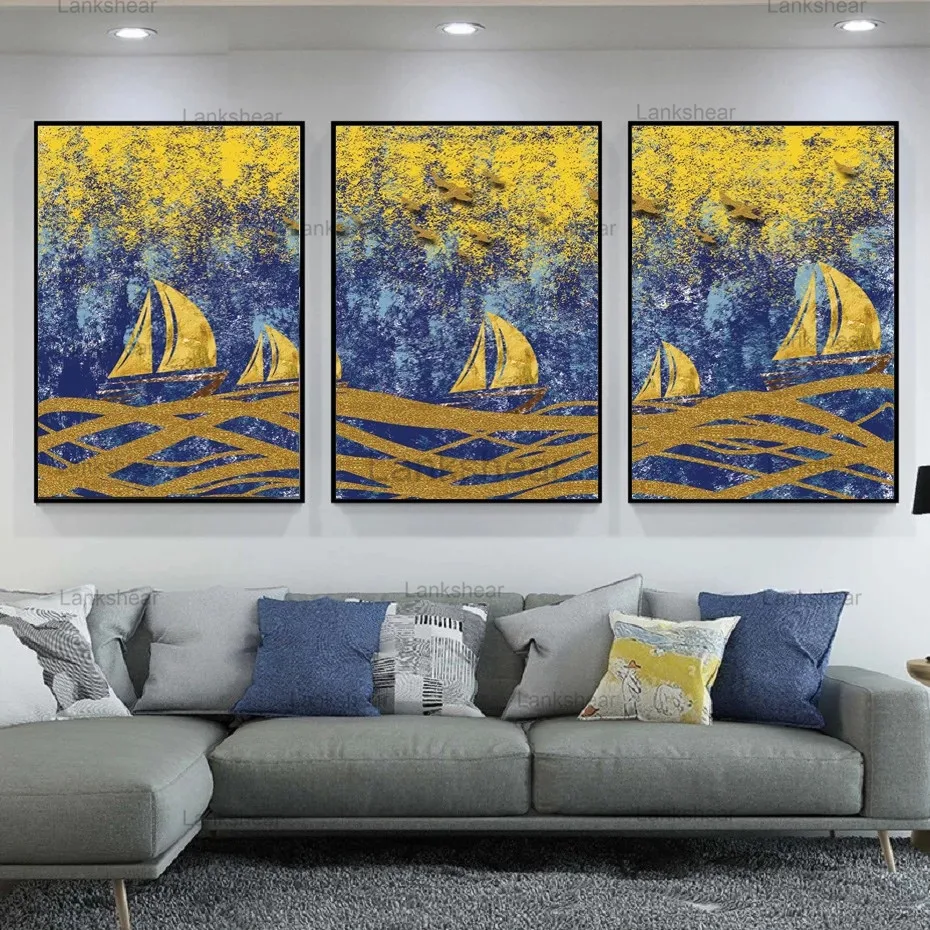 

Golden Abstract Sail Blue Sea Posters and Prints Abstract Seascape Wall Art Canvas Paintings Pictures Living Room Home Decor