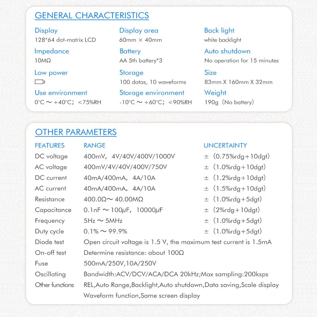 

ET826 Digital Multimeter Auto Range Backlight DC/AC Voltage Current Meter Capacitance Resistance Testers