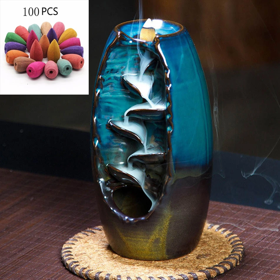 Burner with 100PCS With100Cones Бесплатный подарок водопад ладан горелка Керамическая ладан держатель вариант для смешанных пирамидки благовоний(размер горелки L и Размер M - Цвет: Burner with 100PCS