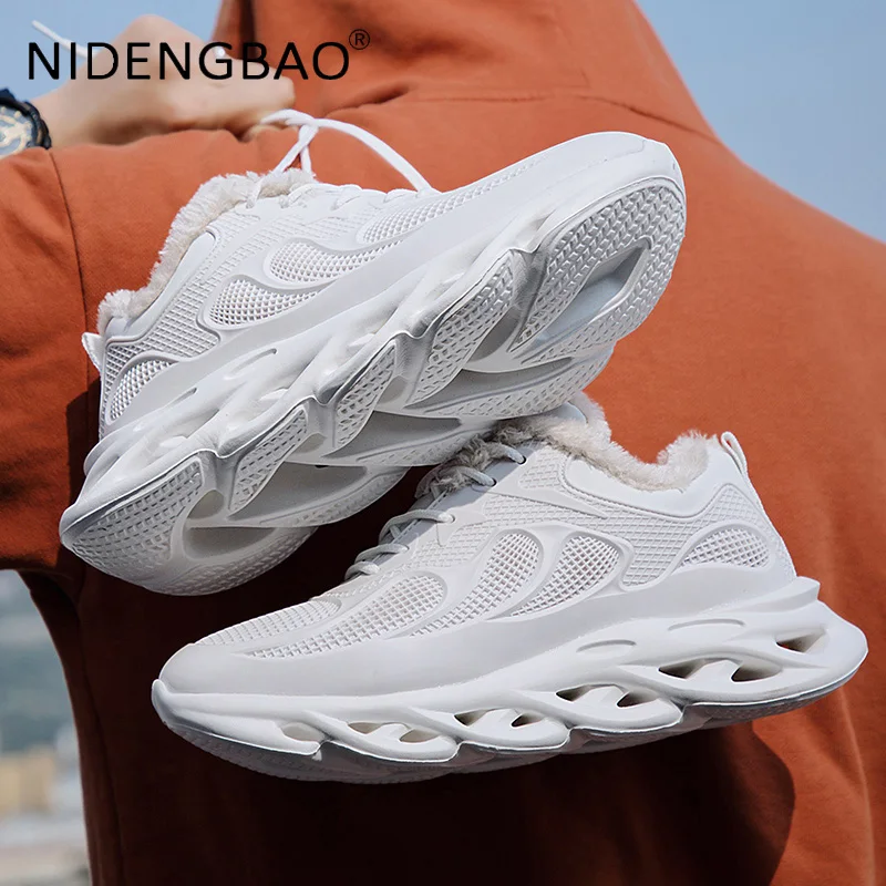 Men's Sneakers Mesh Breathable Comfortable Outdoor Walking Jogging Running Sports Shoes Plus Velvet Warm Male Casual Tennis Shoe