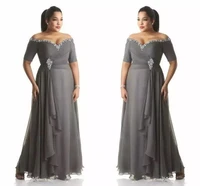 gray chiffon mother of the bride dresses off shoulder short sleeve pleats beaded sequined crystal a line long floor length