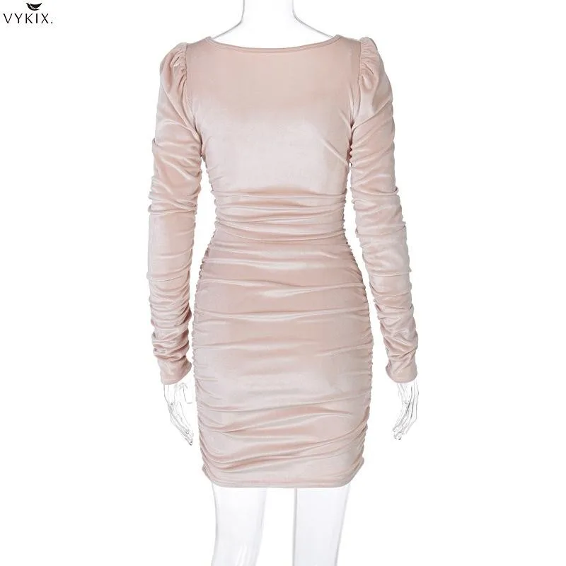 

Fashion Solid Long Puff Sleeve Above Mini Dresses Pleated Sheath Elastic Bodycon Elegant Women Dress Clubwear Streetwear Dresses