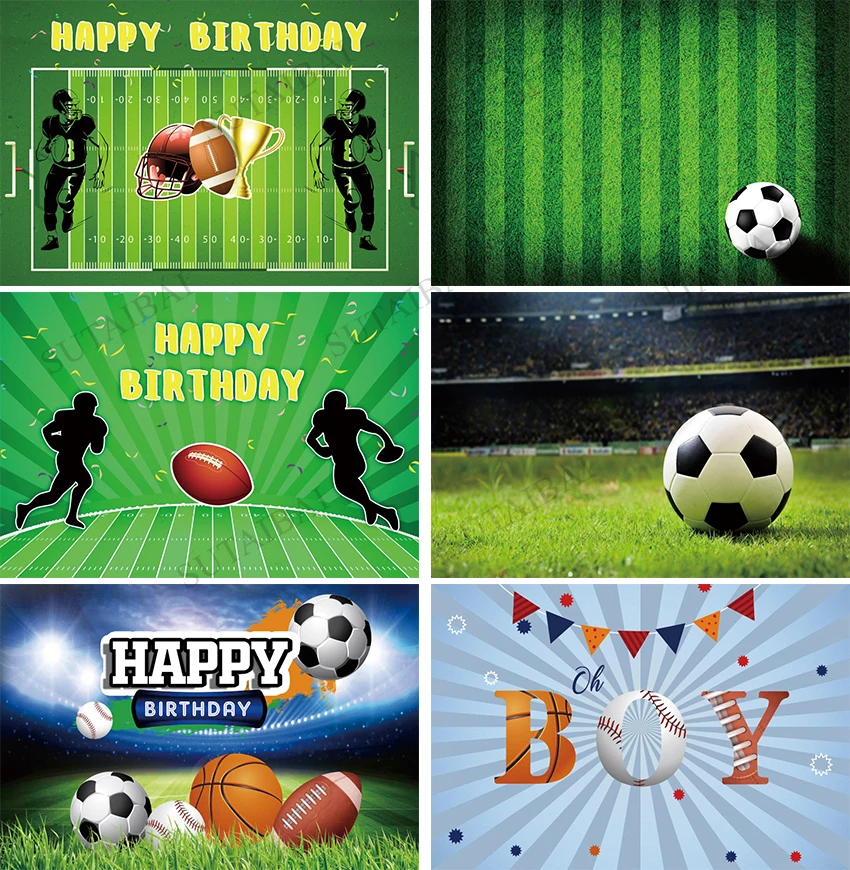 

Green Athletic Field Sportsmen Happy Birthday Photo Background Cake Table Decor Poster Football Theme Party Backdrop Photography