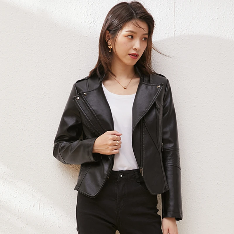 Black Women's Leather Jacket Short Slim Zipper Basic Coats Autumn 2022 New Fashion Rivet Epaulet PU Leather Motor Biker Jackets enlarge