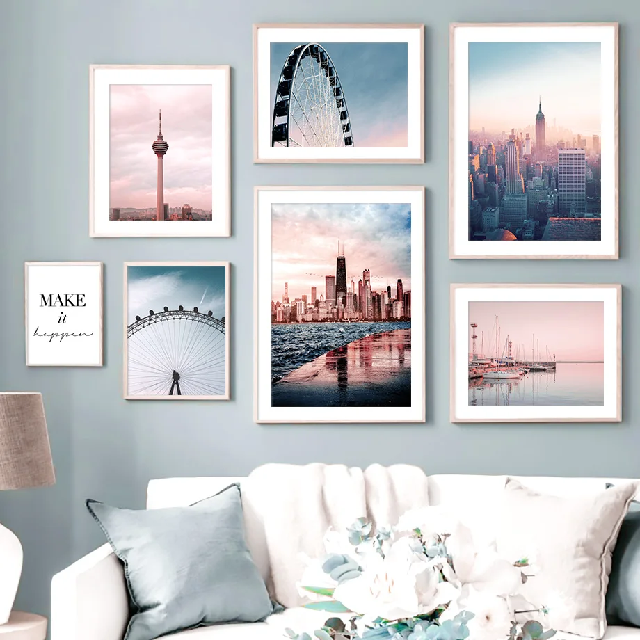 

Ferris Wheel Cruise Ship City Landscape Poster Nordic Pink Blue Sky Canvas Painting Wall Art Pictures For Living Room Home Decor