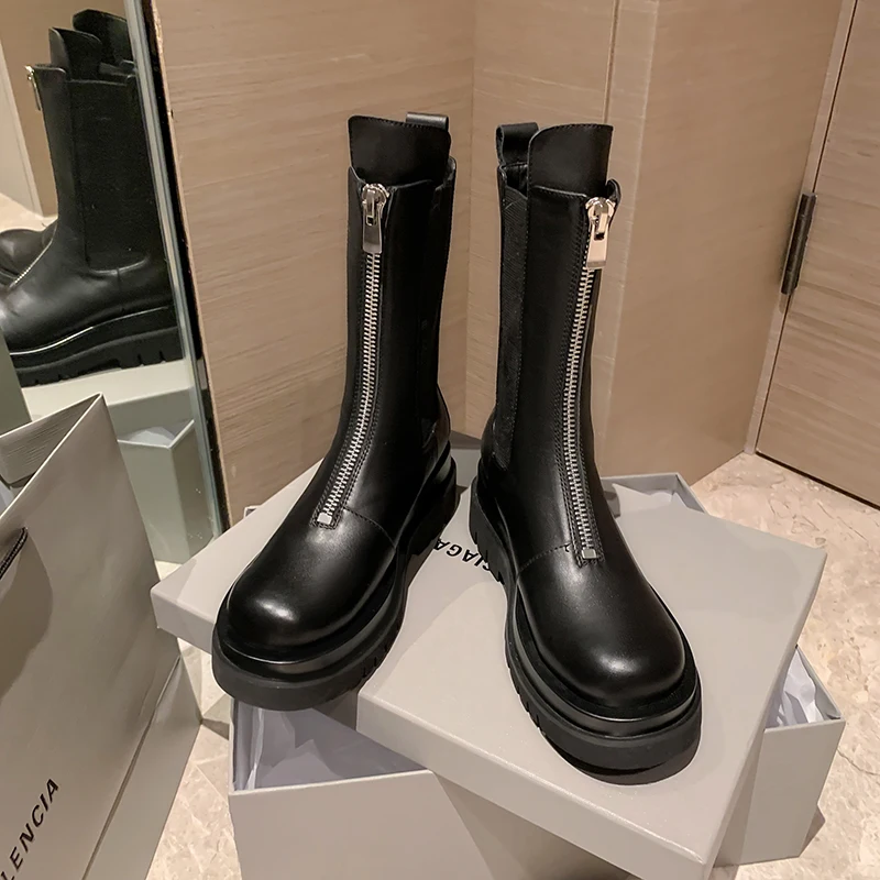 

Женские ботинки из коровьей кожи, ботинки челси до середины икры на платформе с круглым носком и молнией, Офисная Женская обувь ручной работ...