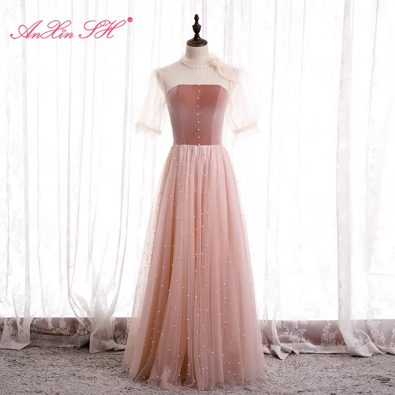 

AnXin SH princess pink lace evening dress french vintage o neck big bow illusion short sleeve beading pearls bride evening dress