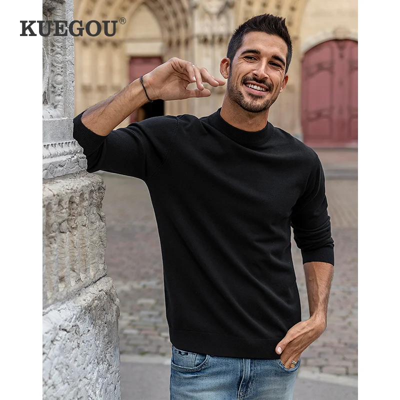 

KUEGOU clothing Solid color Men‘s sweater Semi-high Collar stretch fashion warm sweaters turtleneck top plus size YYZ-2208