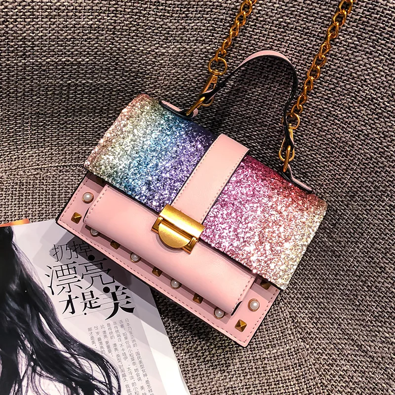 

2021 New PU leather Pearl Rivets Women Messenger bag Square Colorful Sequined Crossbody Bags Luxury Shoulder Satchel Handbags