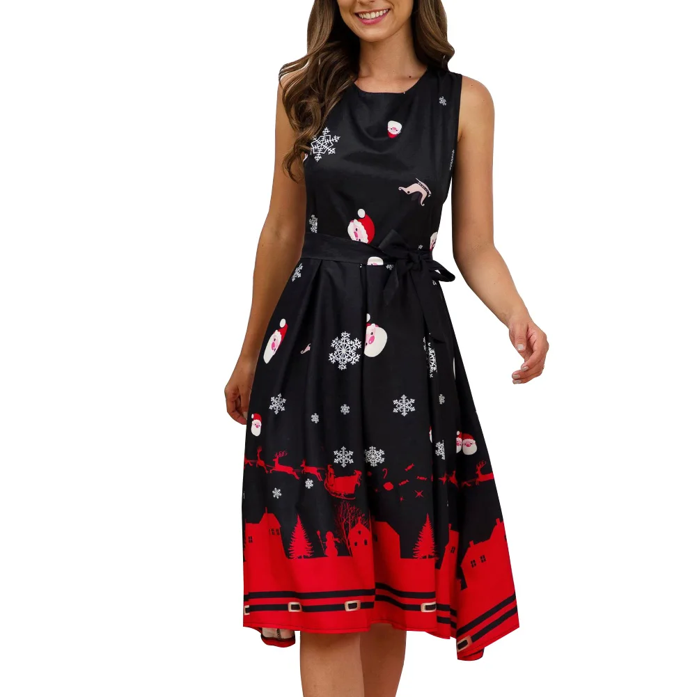 Рождественская Леди Снежинка Санта Клаус печати О образным вырезом без рукавов